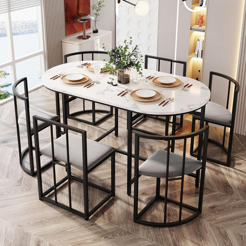Modern 6-Piece Dining Table Set with Storage & Cushioned Chairs, 140x80x76cm