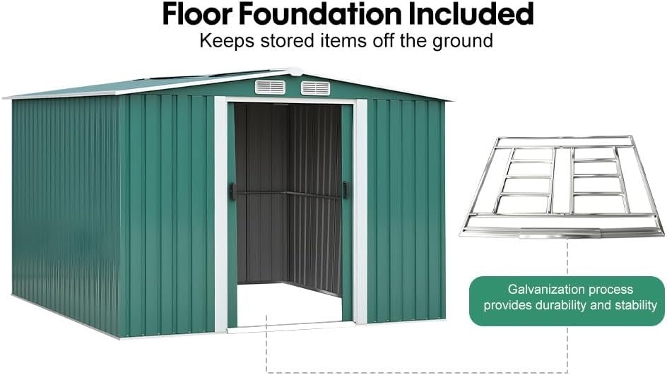 Lockable 8x6ft Metal Garden Shed with Sliding Doors & Ventilation Windows