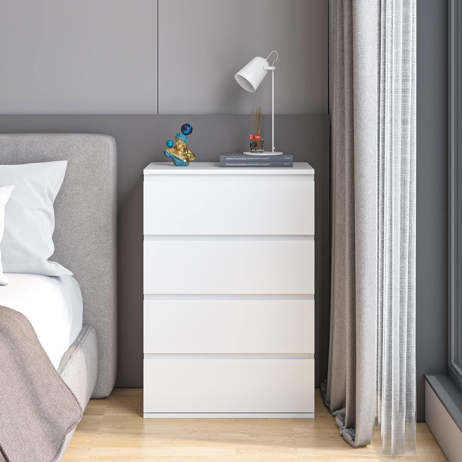 Modern White 4 Drawer Chest Tall Storage Cabinet for Bedroom Office Home