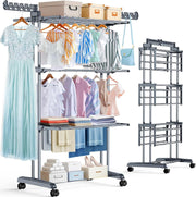 4 Tier Clothes Airer Large Folding Drying Rack with Wheels Indoor Outdoor