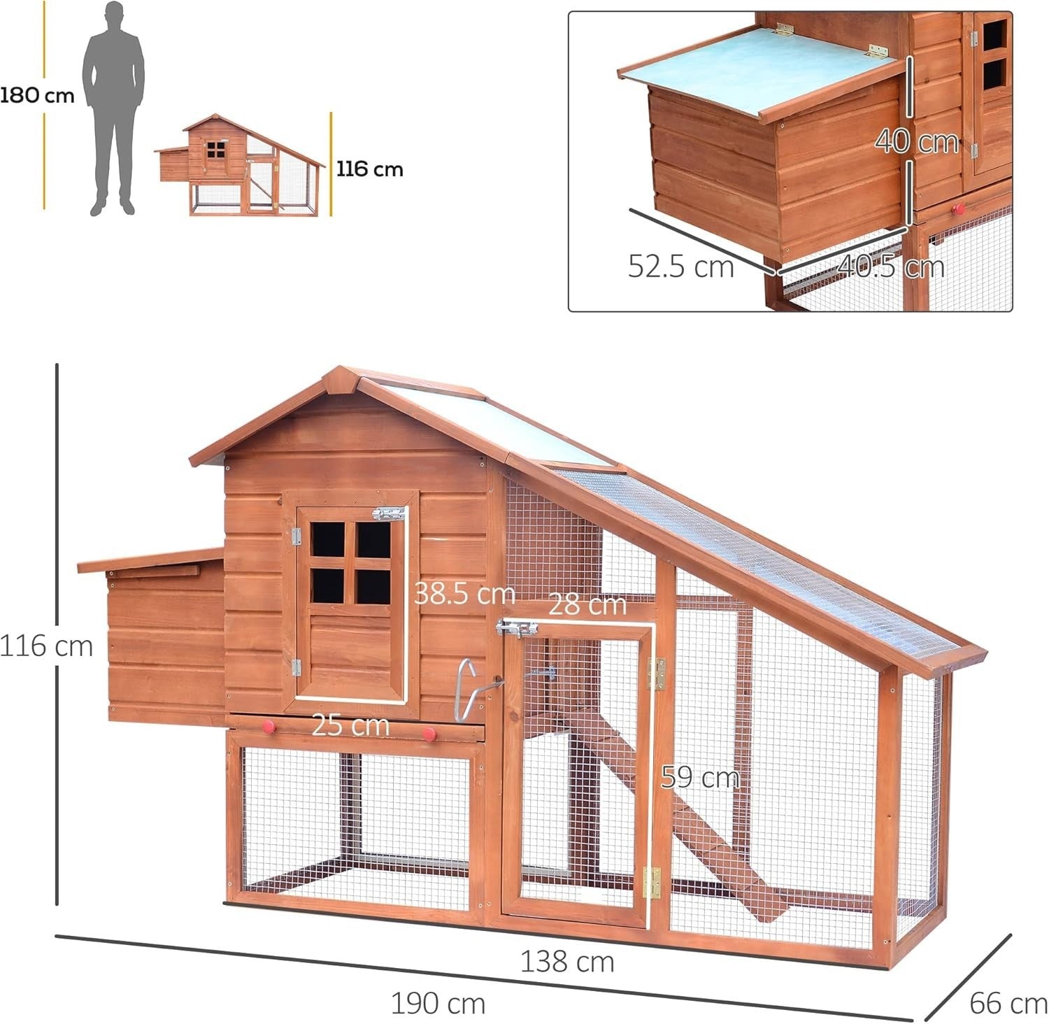 Wooden Chicken Coop with Run Nest Box Easy Clean Tray Outdoor Hen House
