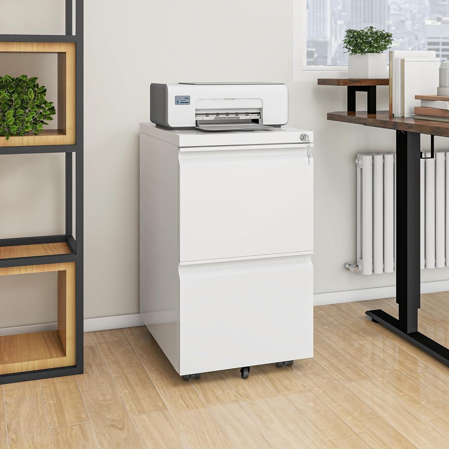 White 2 Drawer Lockable File Cabinet 51x39x71cm Mobile Steel