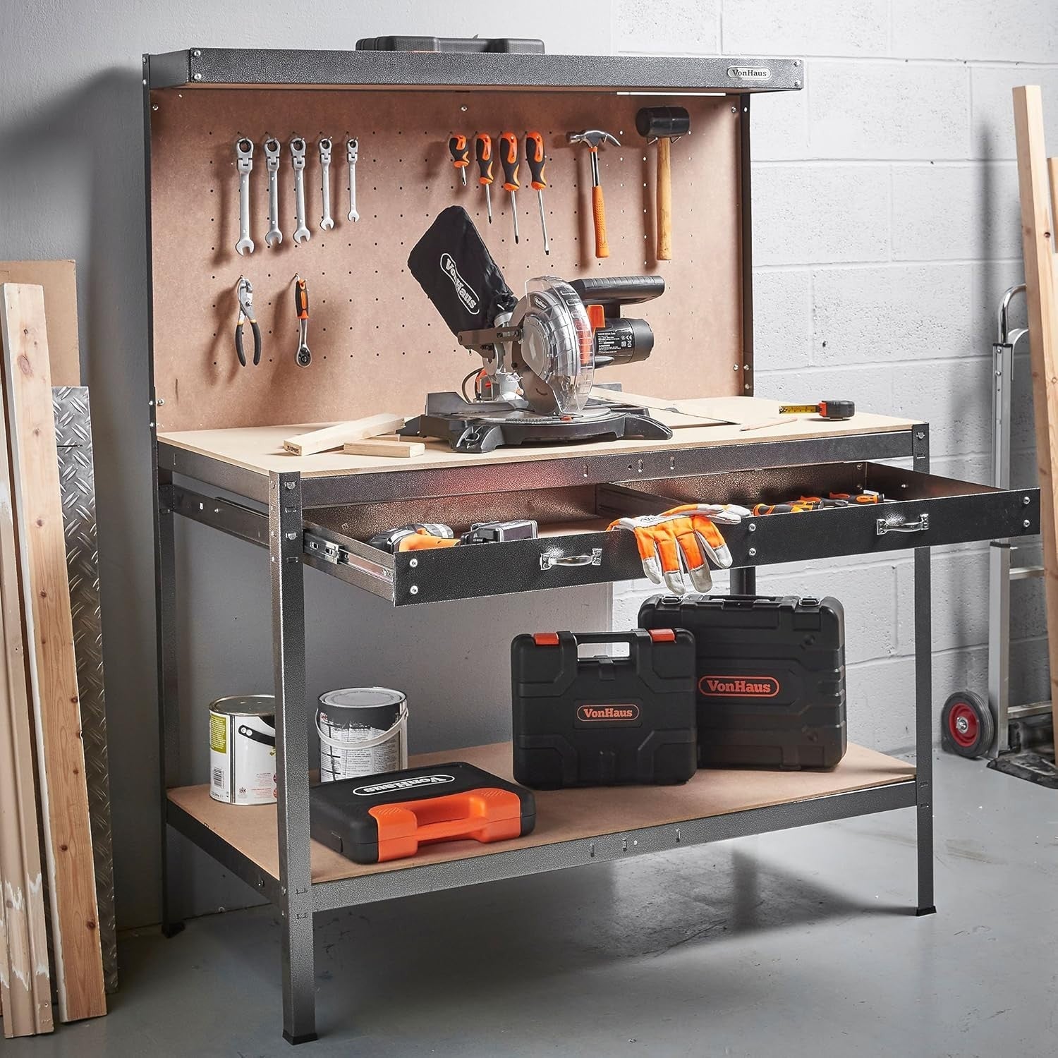Garage Workbench with Pegboard Drawer Shelf 230kg Steel Frame 120cm Wide