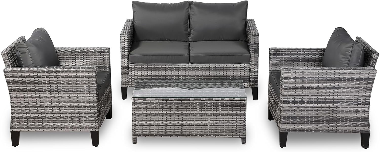 4 Seater Rattan Garden Sofa Set with Coffee Table All Weather Patio Lounge
