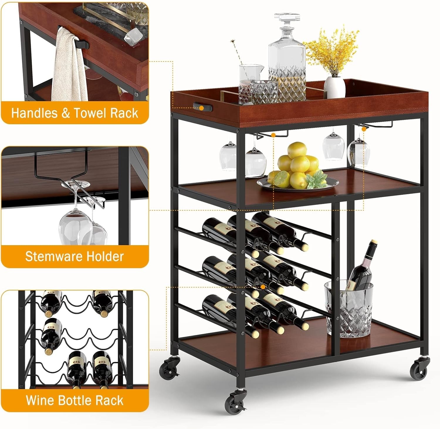 3 Tier Kitchen Serving Trolley Bar Cart with Wine Rack Glass Holders Wheels
