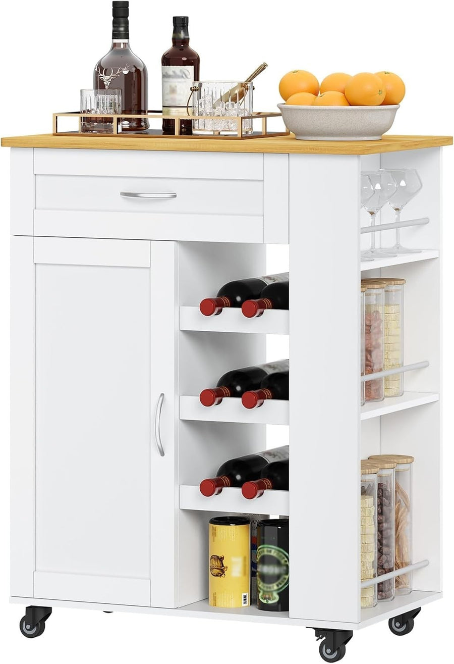 White Rolling Kitchen Island Cart Wine Rack Drawer Shelves