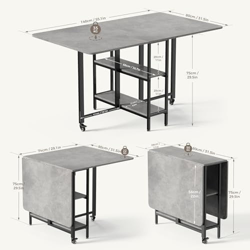 Grey Drop Leaf Folding Dining Table with Storage Shelves 140cm