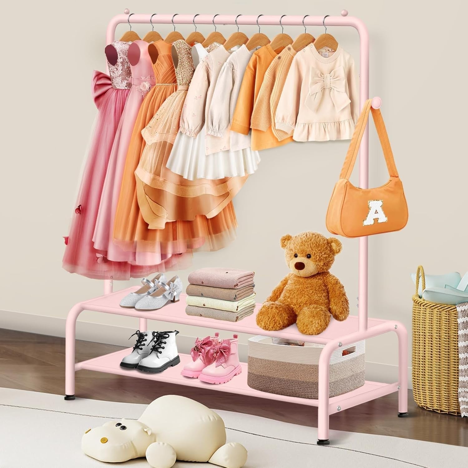 Kids Clothes Rail Light Pink Mini Dress Up Rack 2 Shelves