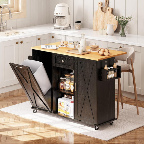 Rolling Kitchen Island Cart with Drop-Leaf, Trash Storage & Spice Rack