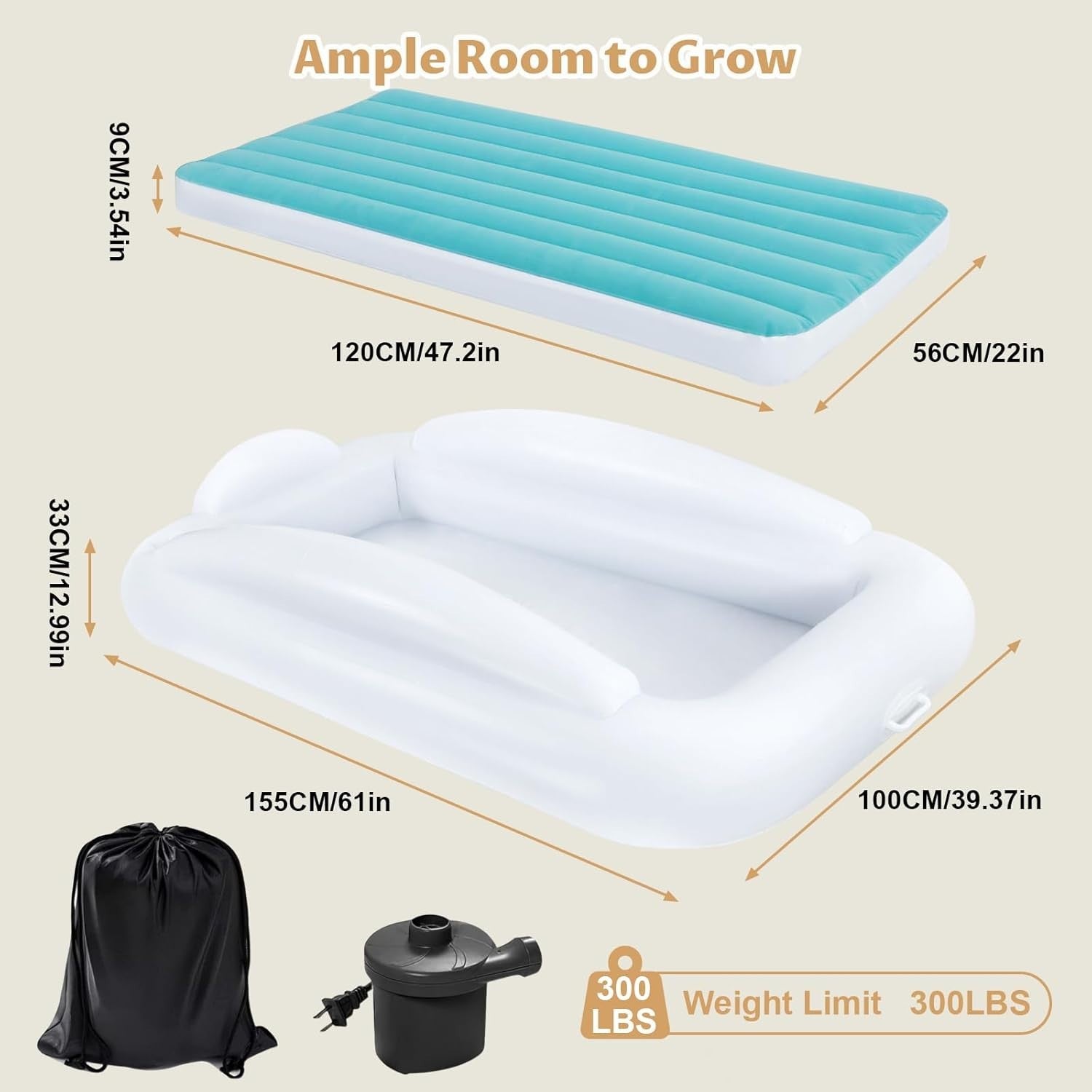 Inflatable Toddler Travel Bed 63” Kids Air Mattress with Bumpers