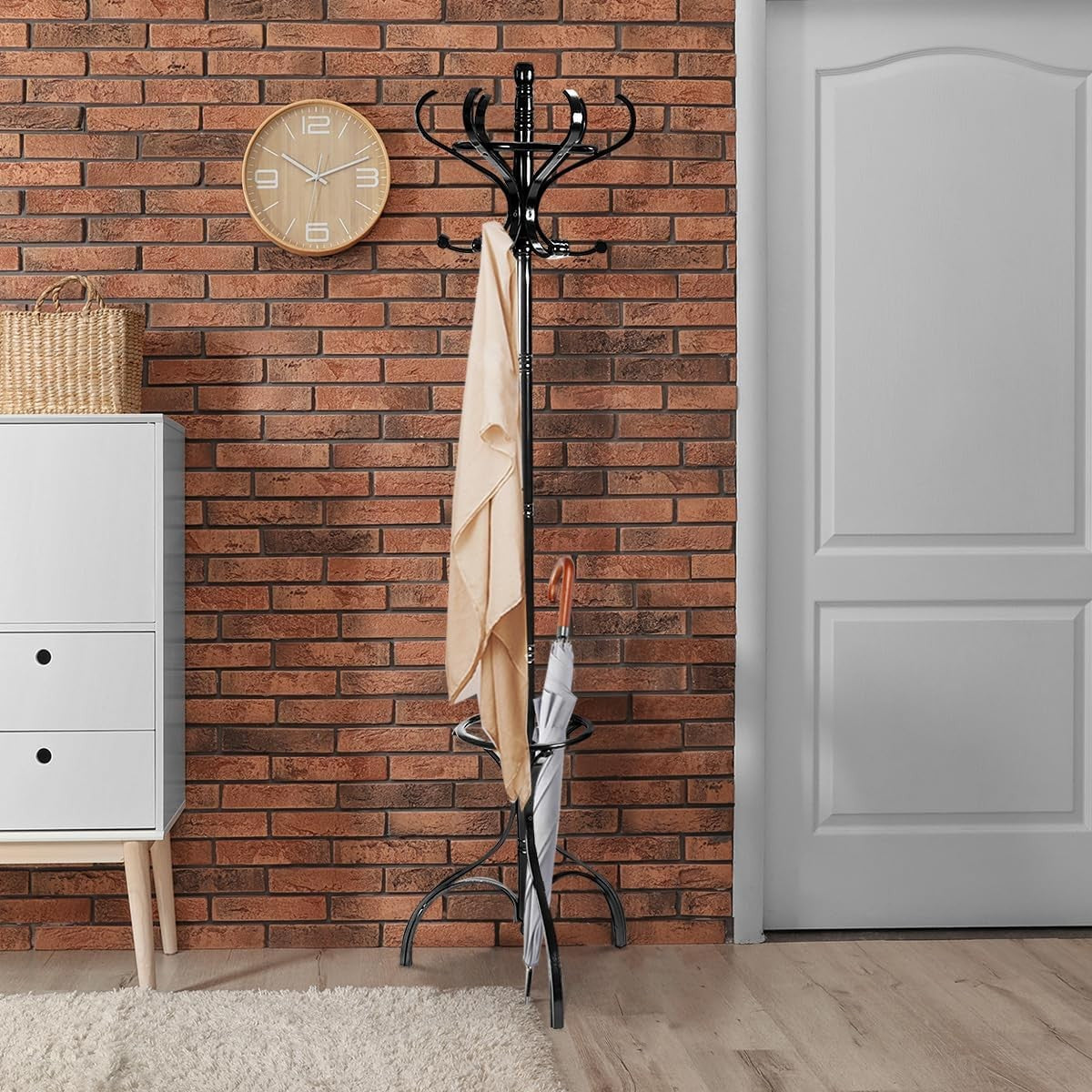 360° Rotating Black Wooden Coat Rack Stand 12 Hooks Freestanding Hall Tree