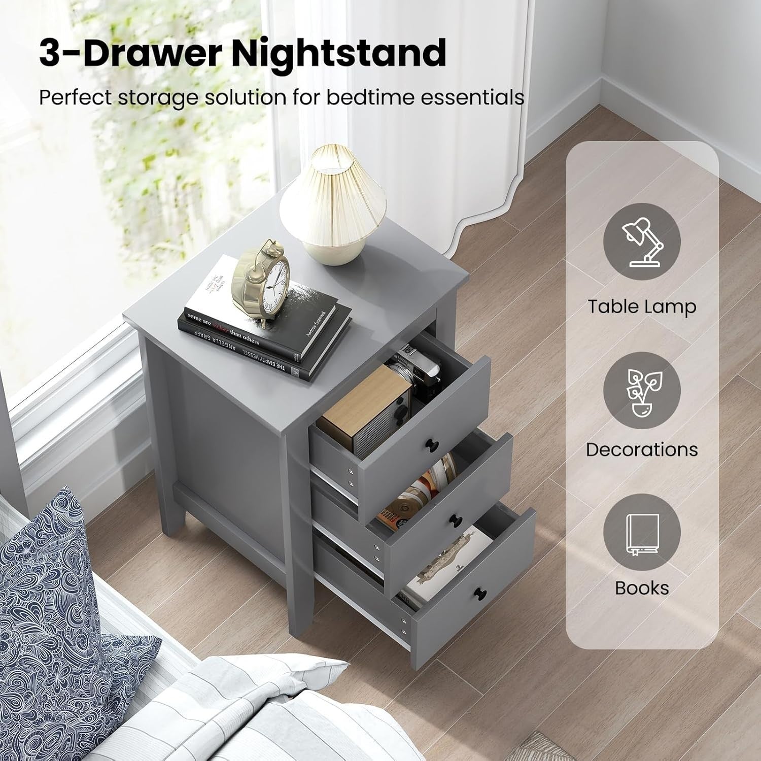 Set of 2 Grey 3 Drawer Bedside Tables | Modern Wooden Nightstands
