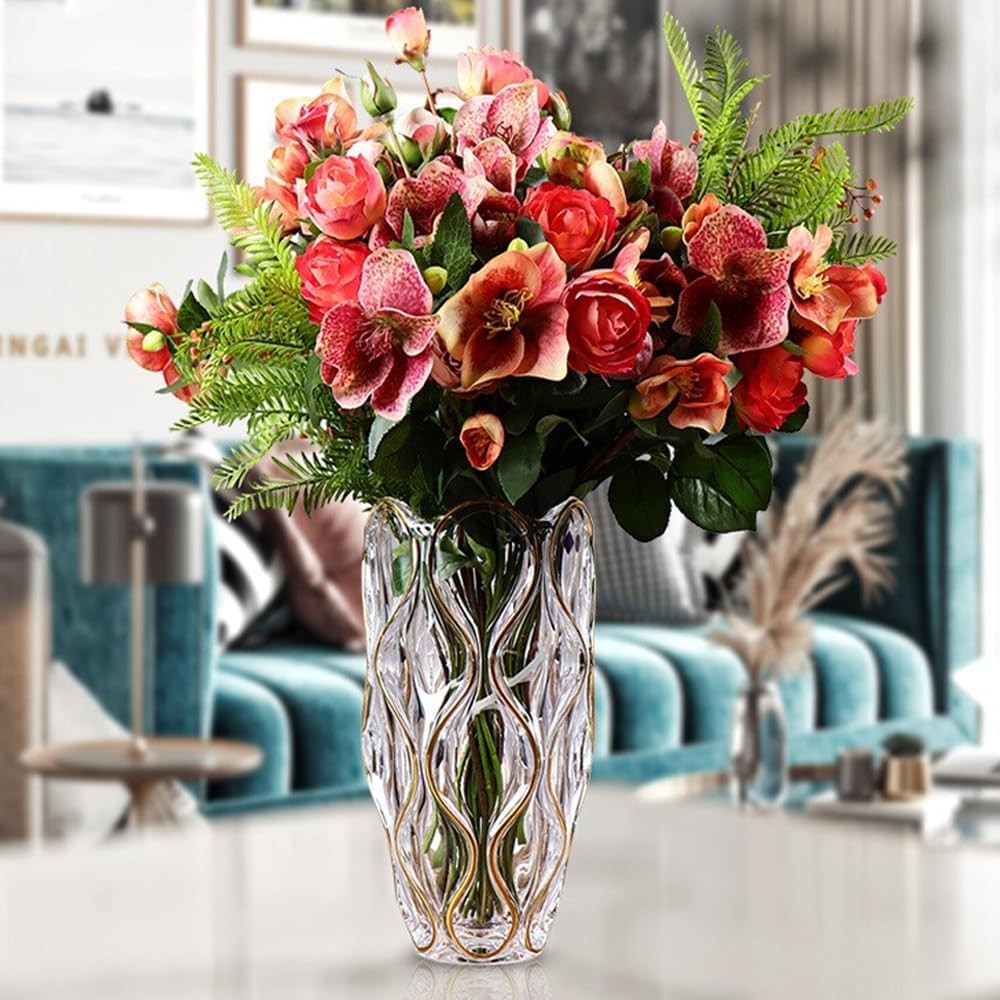 Gold Glass Vase Hand Painted Luxury Tall Flower Vase for Living Room Decor