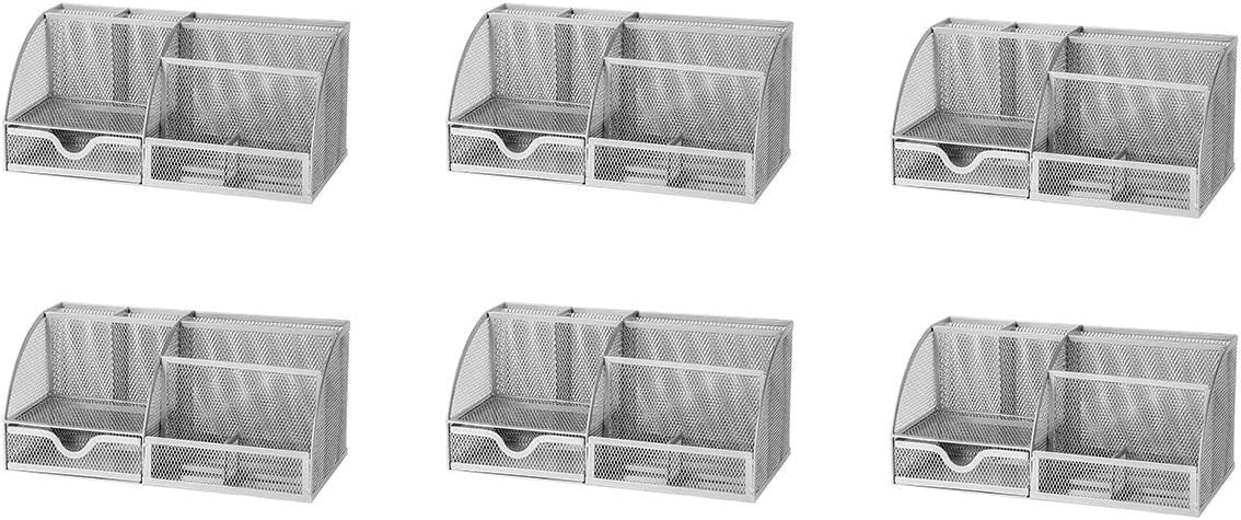 Metal Desk Organiser with 7 Compartments & Drawer – Silver 6-Pack