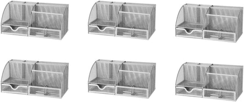 Metal Desk Organiser with 7 Compartments & Drawer – Silver 6-Pack