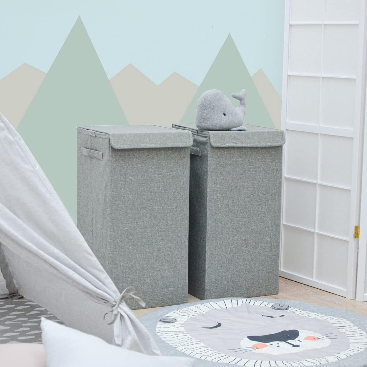 Set of 2 Grey Laundry Hampers with Lids 30×30×60cm Foldable Large Washing Bins