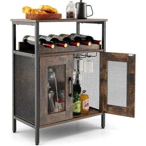 Wine Bar Cabinet Rustic Industrial Drinks Sideboard Glass Holder Shelf Unit
