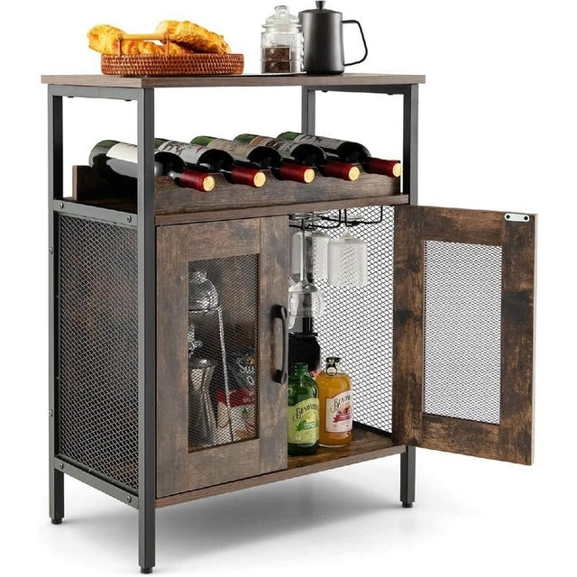 Wine Bar Cabinet Rustic Industrial Drinks Sideboard Glass Holder Shelf Unit