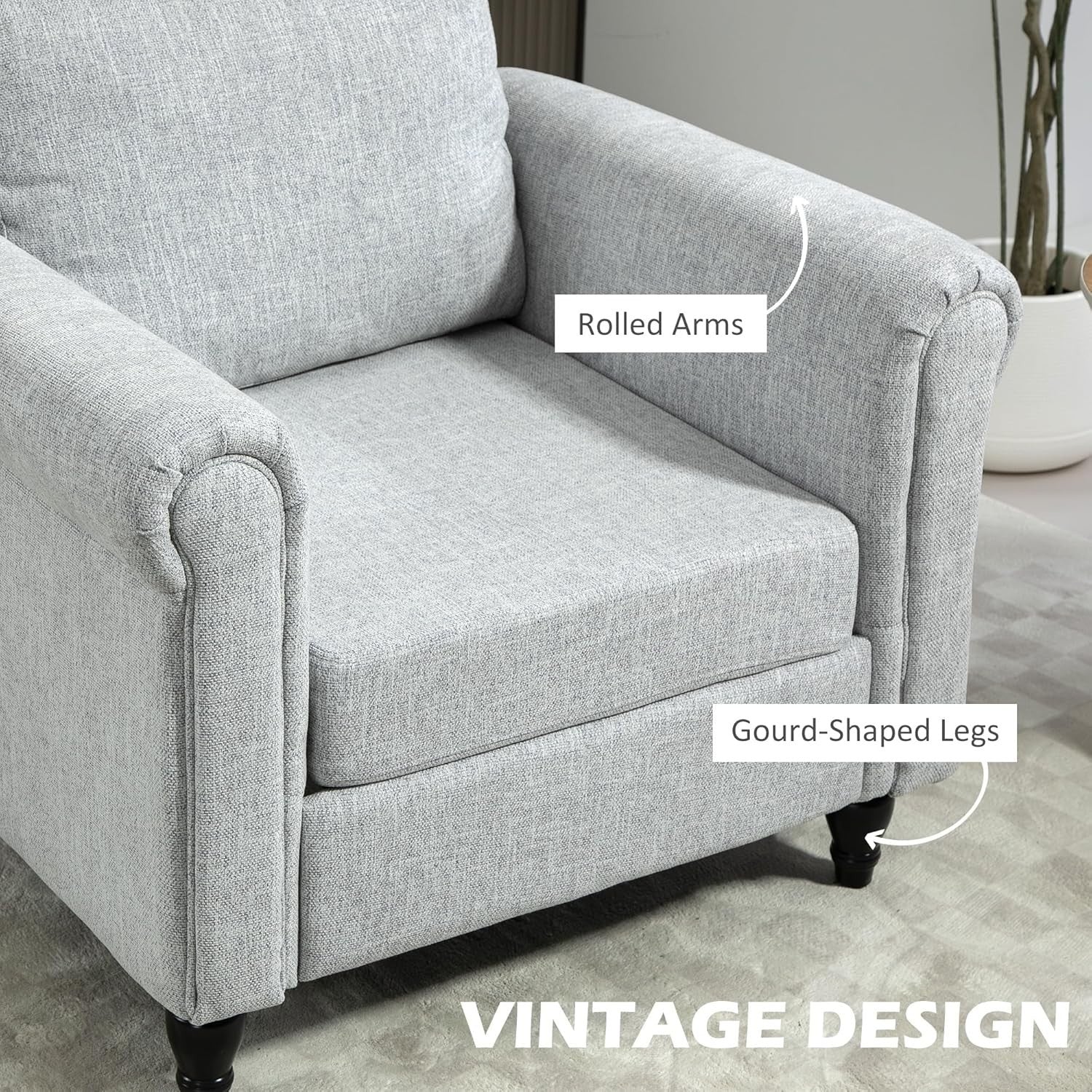 Grey Upholstered Accent Armchair with Back Pillow & Rubber Wood Legs