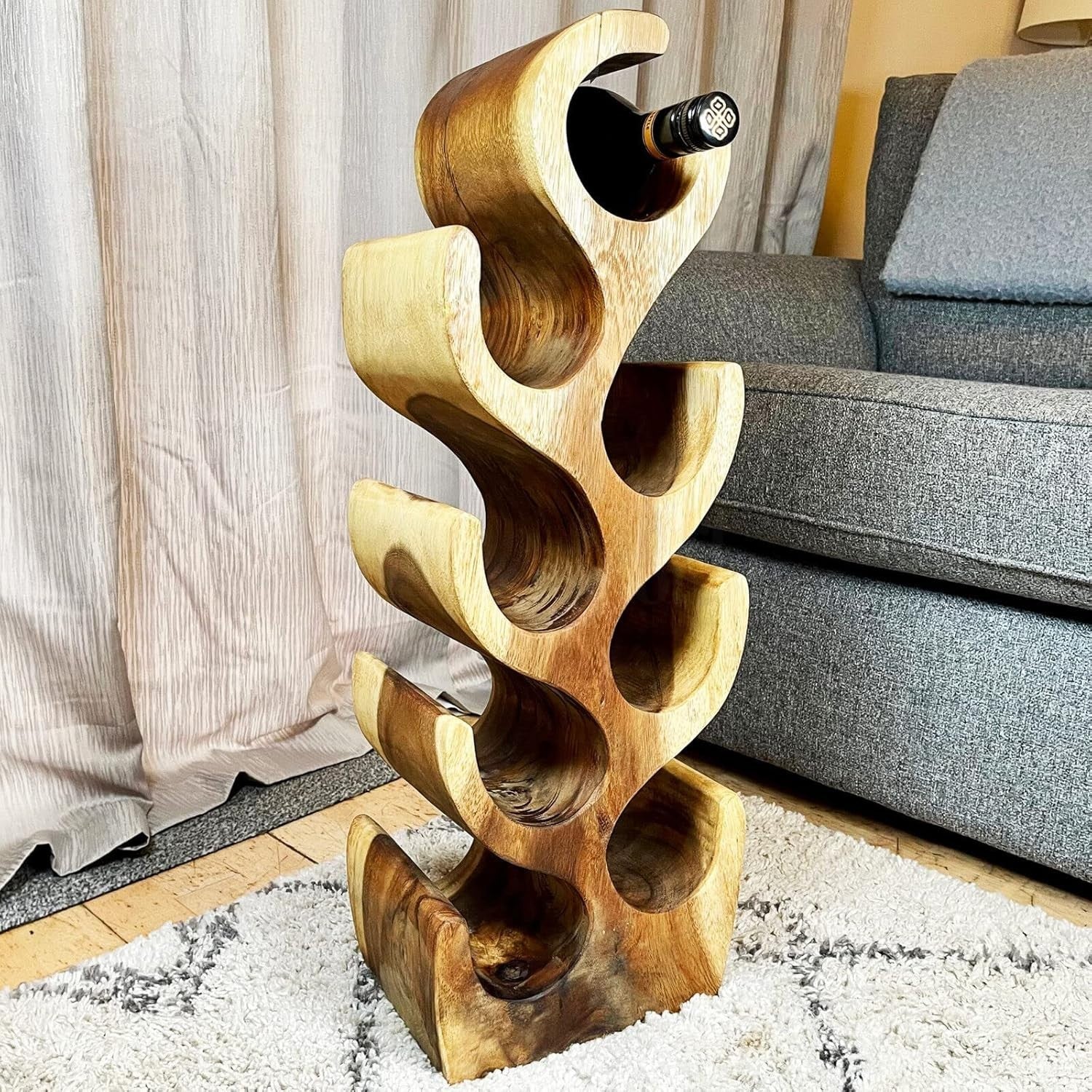 Rustic Teak Wood Wine Rack Tree Design Holds 8 Bottles Floor Standing 106cm