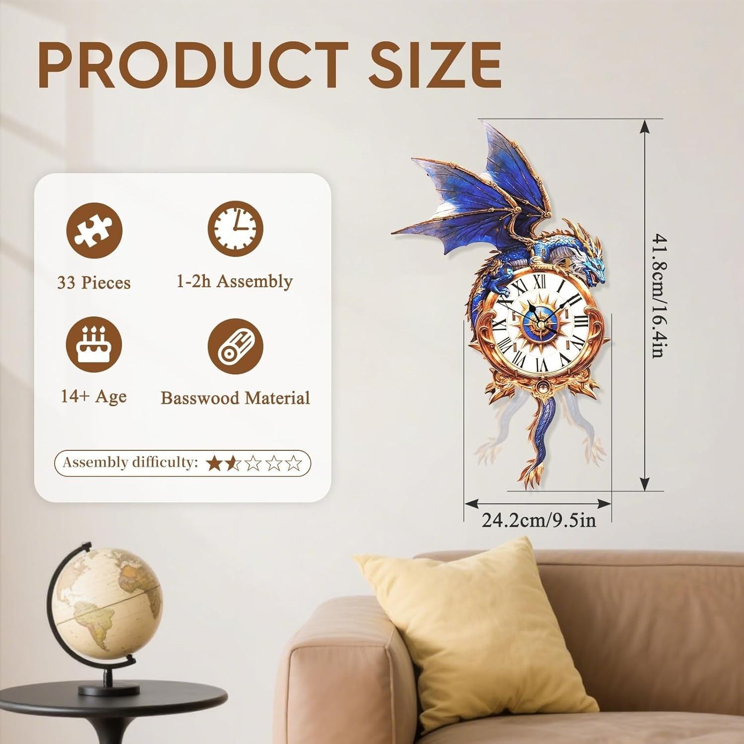 3D Blue Dragon Clock Puzzle Wooden Wall Art Timepiece Home Decor