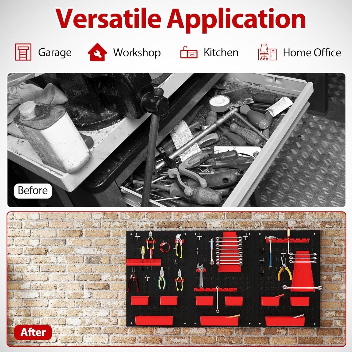 Black+Red Pegboard Tool Organizer 3 Boards 34 Accessories Wall Rack