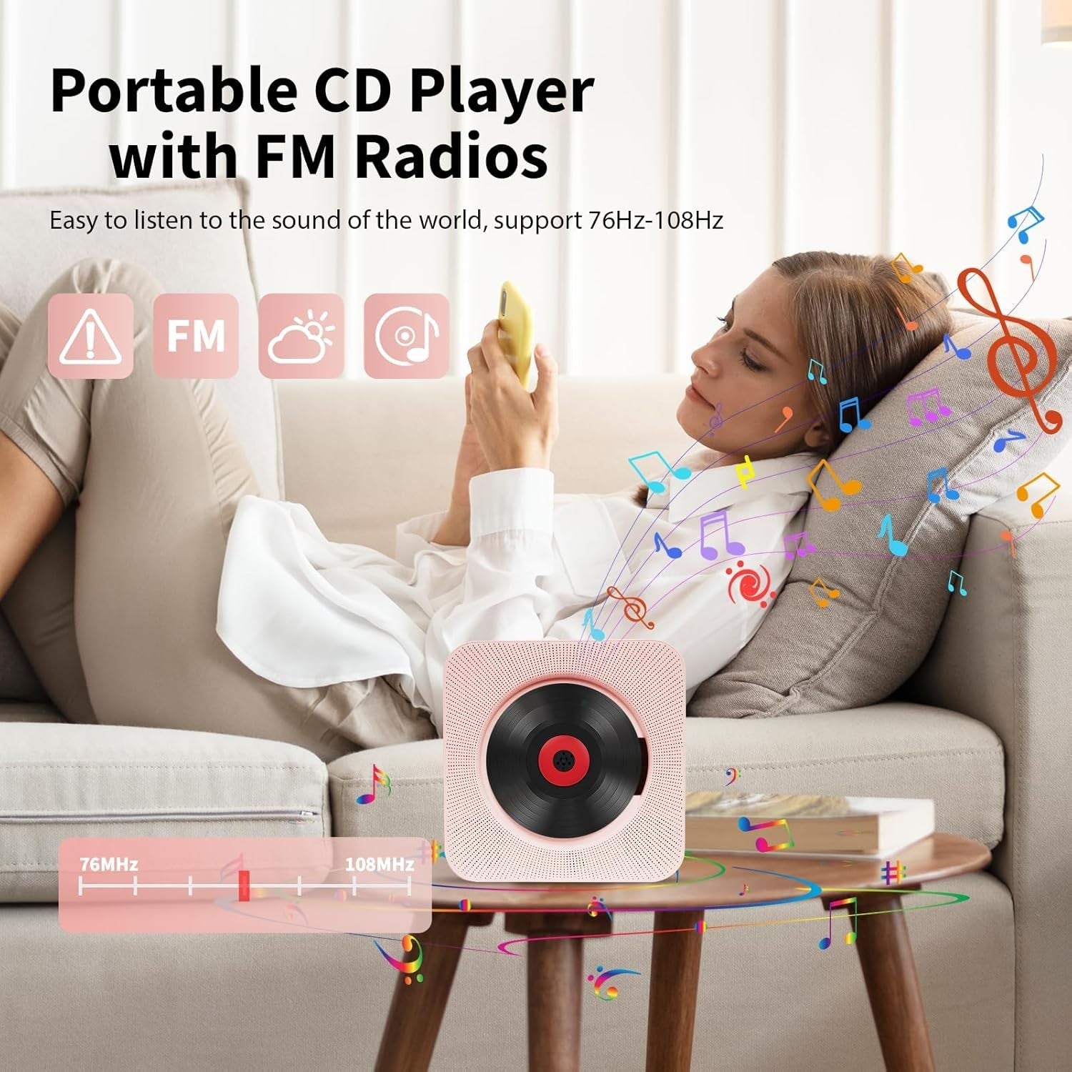 Pink Bluetooth CD Player Wall Mount Desktop HiFi Speakers FM Radio Remote