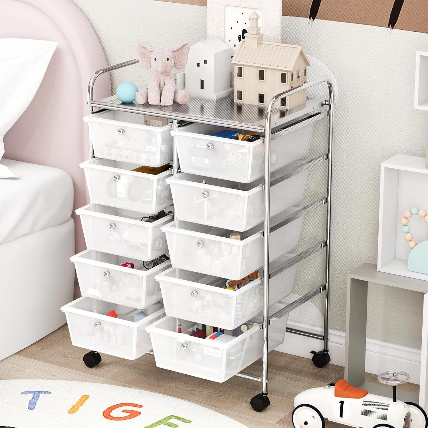 10 Drawer Rolling Storage Cart Clear Organizer Trolley with Wheels