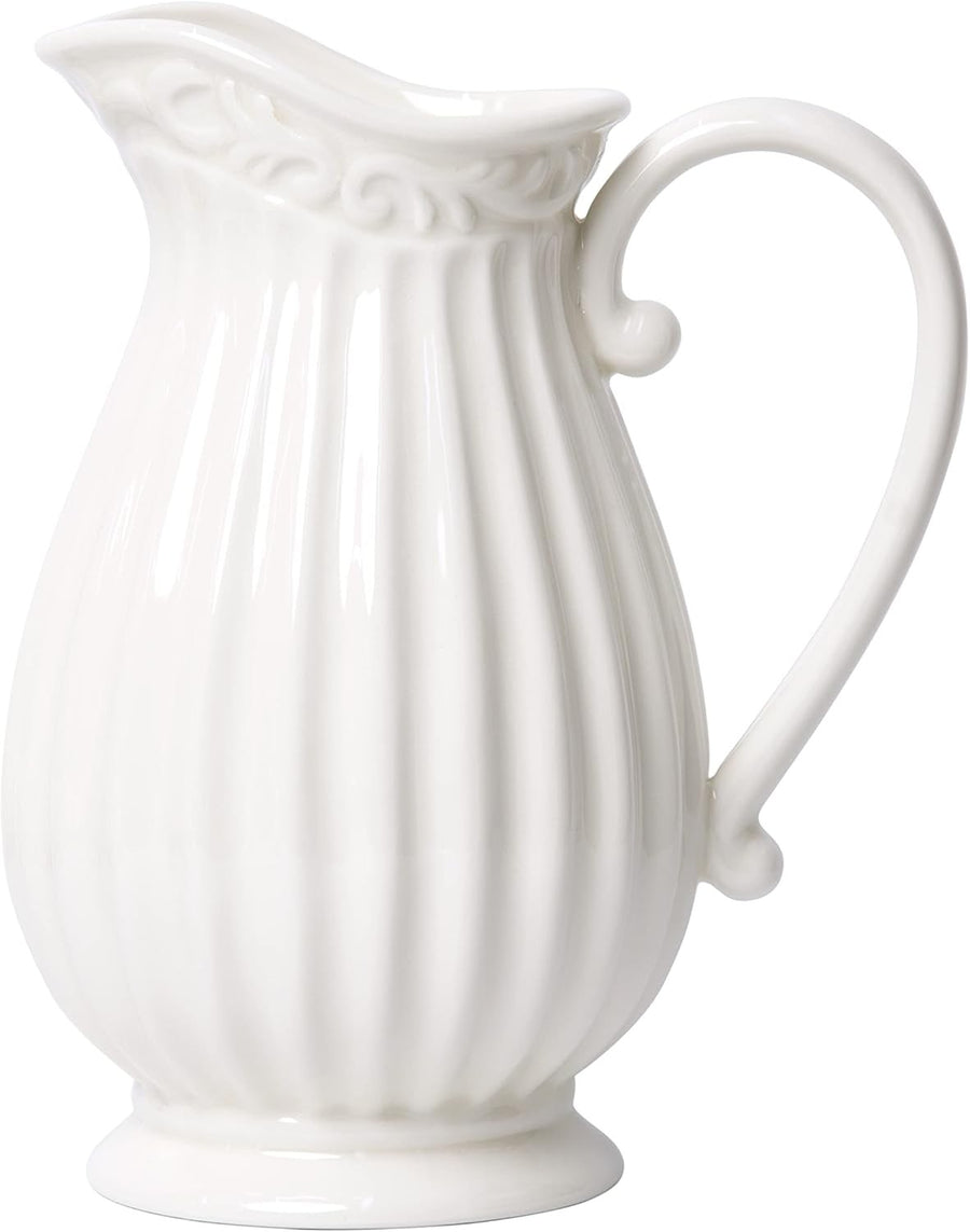 10 Inch White Ceramic Pitcher Vase Farmhouse Jug Fresh Flower Home Decor