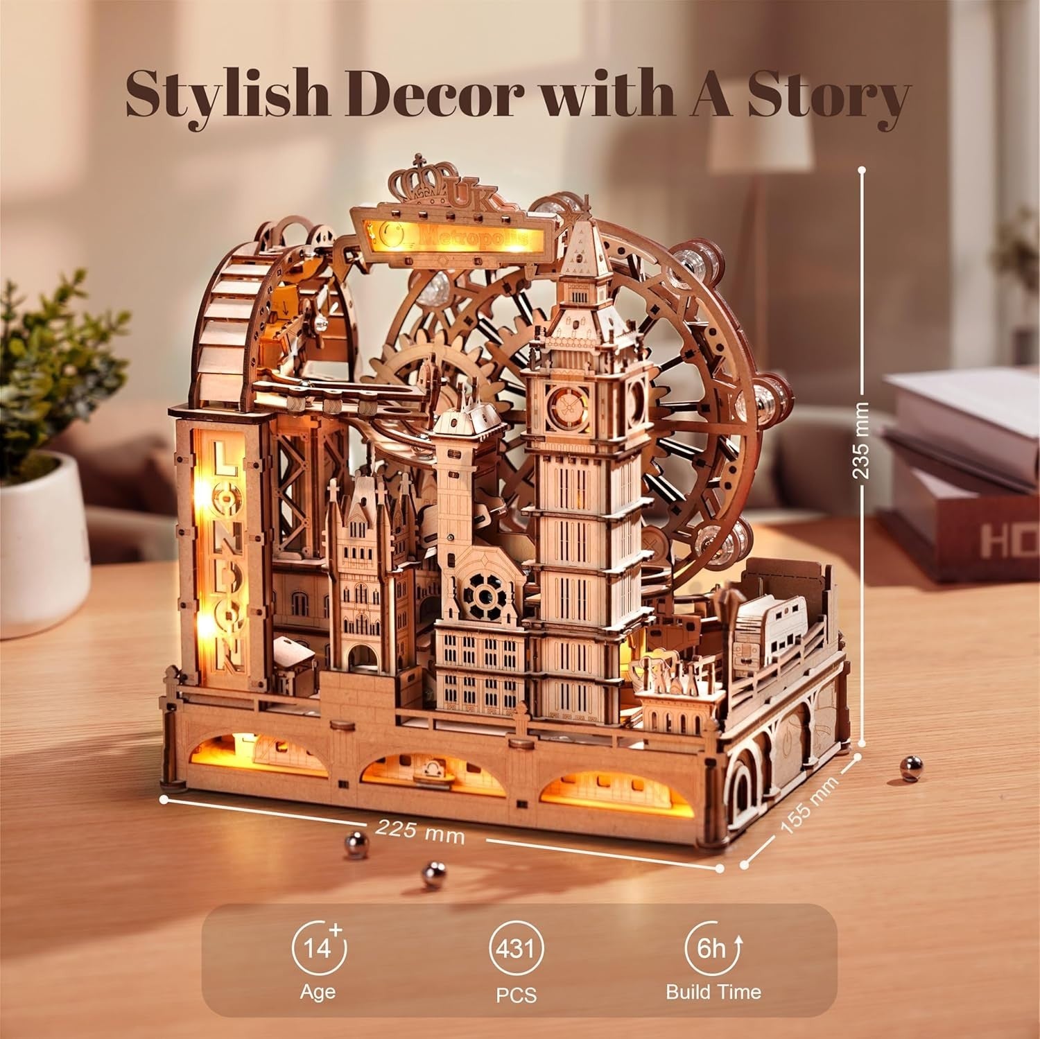 3D Wooden Marble Run London Model Kit with Lights 431 Piece DIY