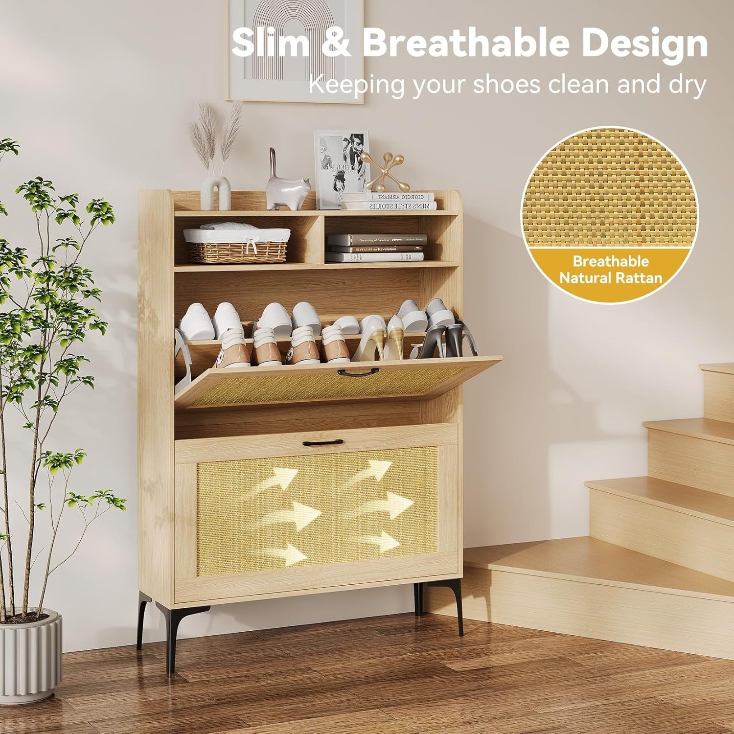 Rattan Oak Shoe Cabinet | Slim 2 Drawer Storage Unit with Open Shelves 80x24x114