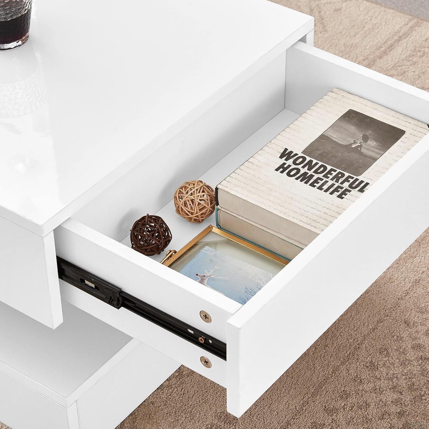 Modern White Coffee Table with LED Lights & 2 Drawers – Storage & Style