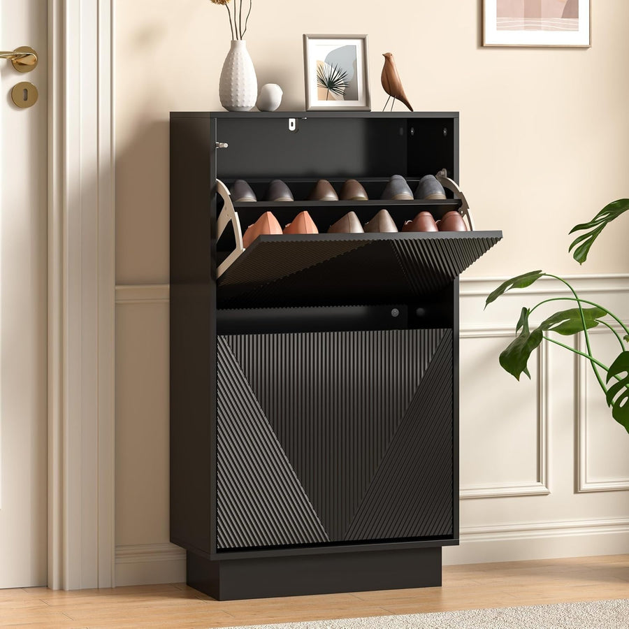 Slim Shoe Storage Cabinet Black | 2 Flip Drawers, Anti-Tip, 91cm Tall