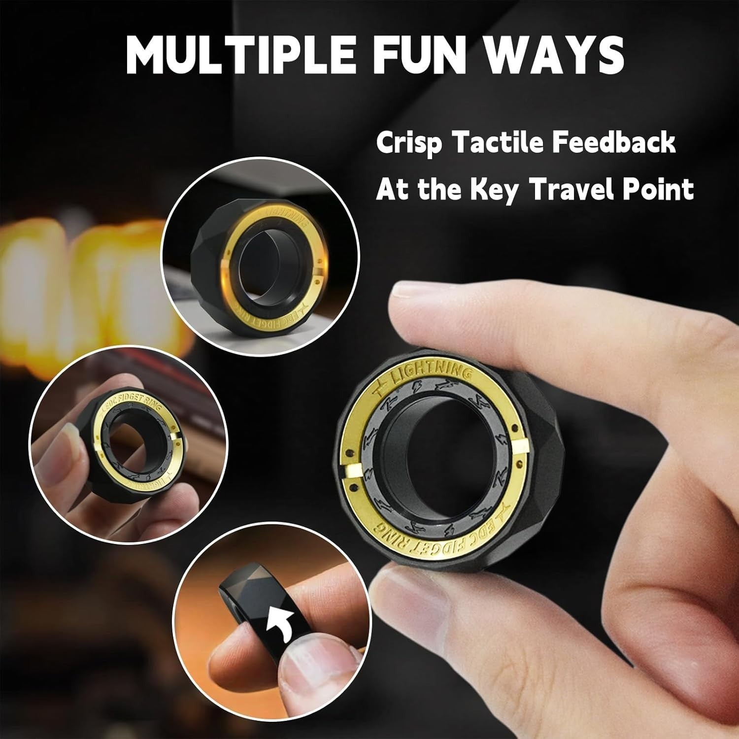 Black Lightning Fidget Ring Metal Click Slider Stress Relief ADHD