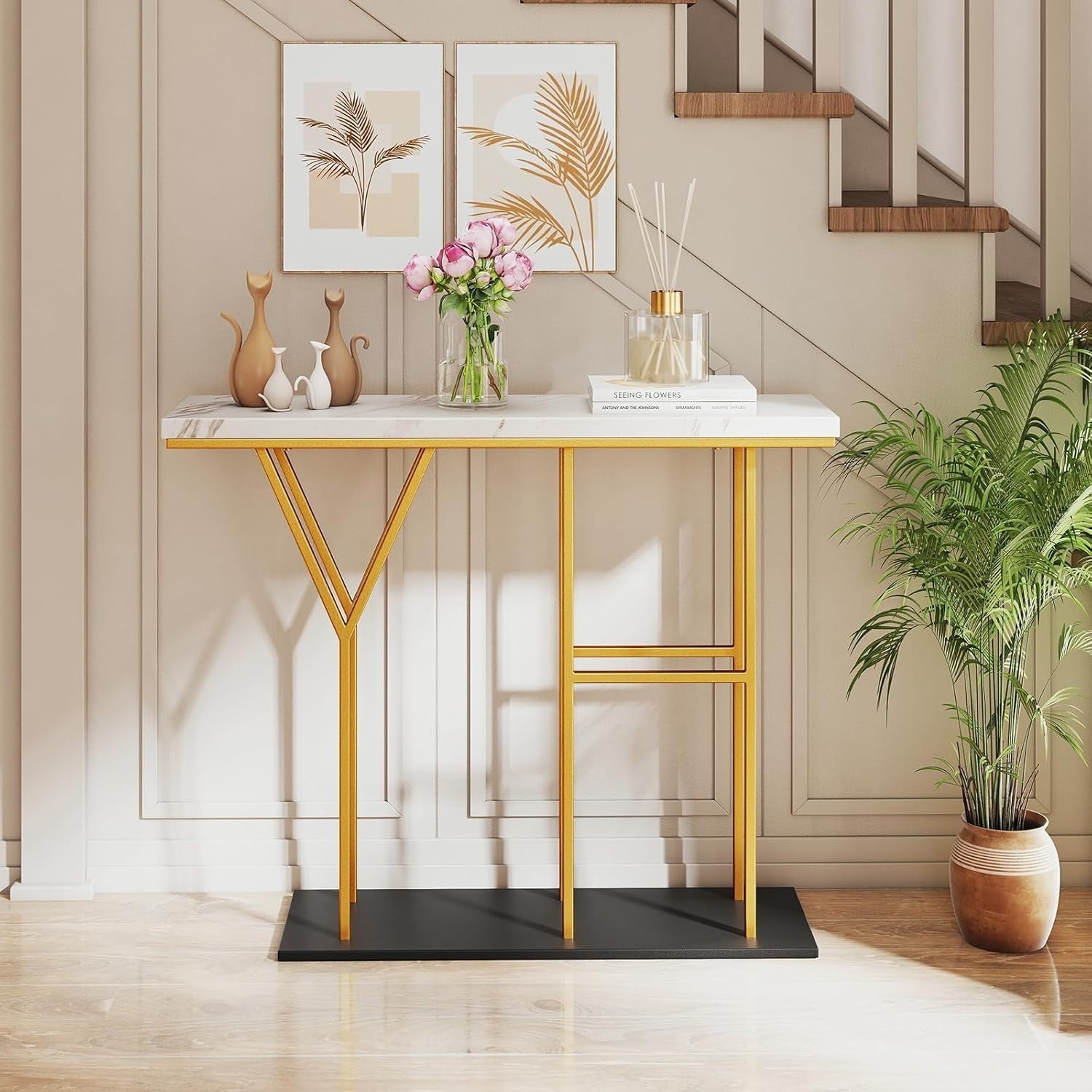 Slim Console Table Faux Marble Hallway Desk | Gold Frame, 2 Tier Storage