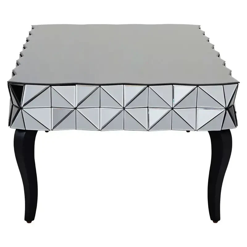 Luxury Mirrored 3D Glass Coffee Table – Silver Top with Black Wood Legs