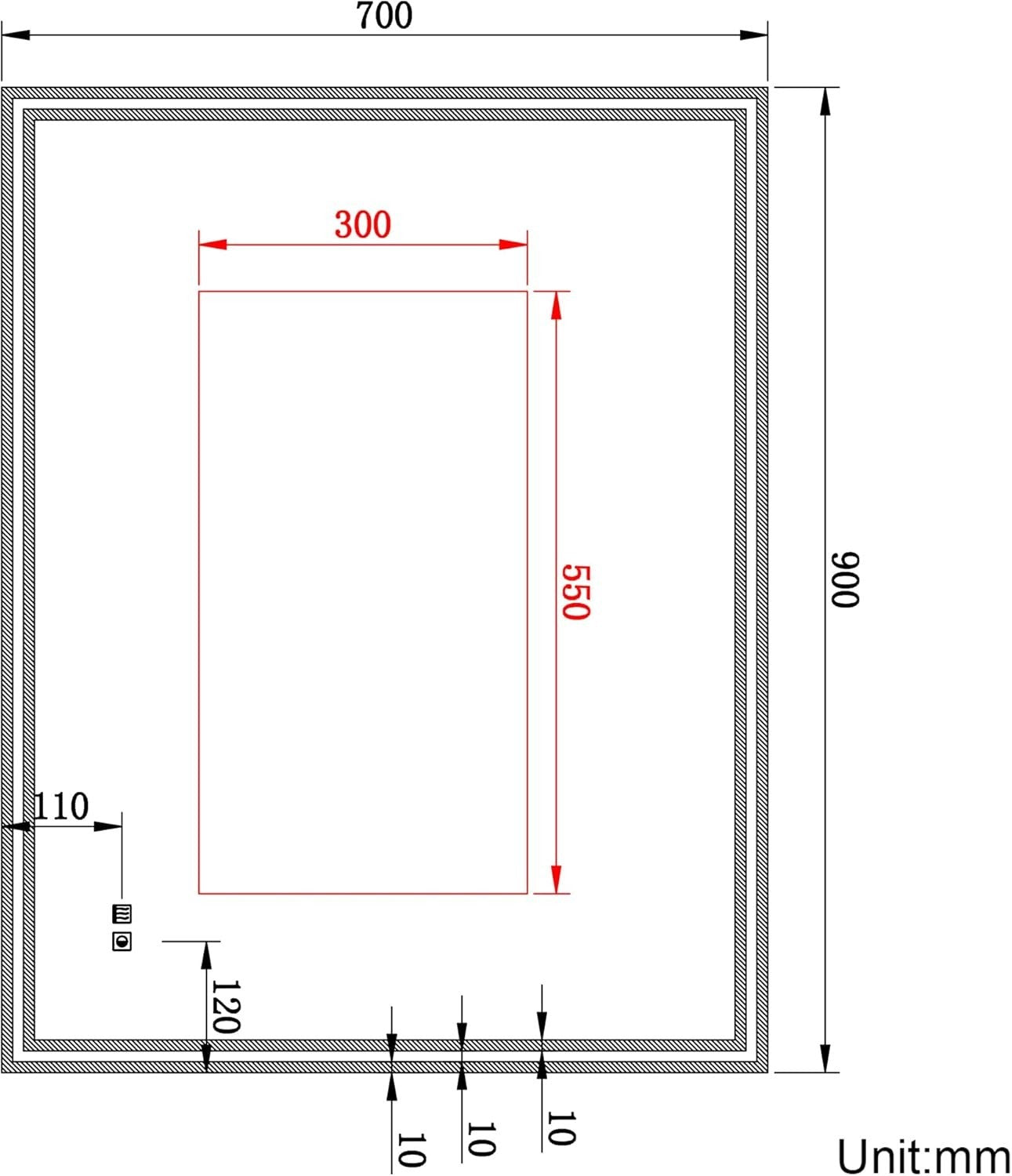 LED Bathroom Mirror 90x70cm Wall Mounted Anti-Fog Sensor Light Heated Pad