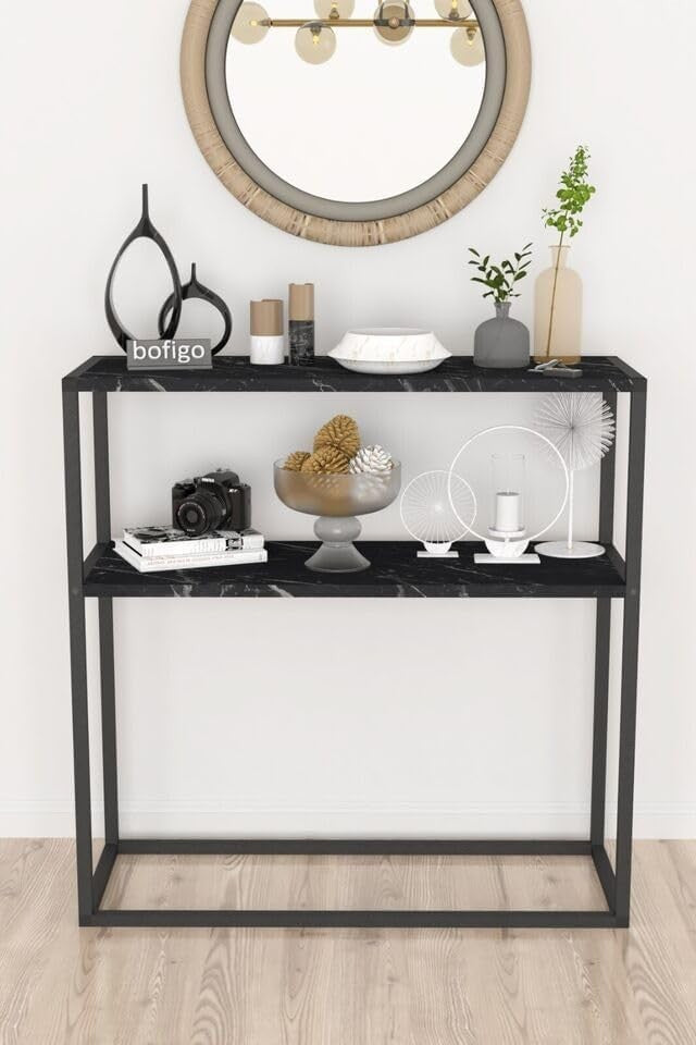 Slim Console Table 90cm with 2 Shelves, Metal Frame, Modern Hallway Storage