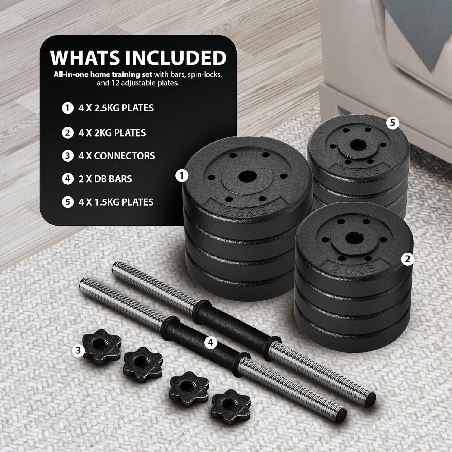 30KG Adjustable Dumbbells Set Pair Anti Slip Home Gym Strength Weights