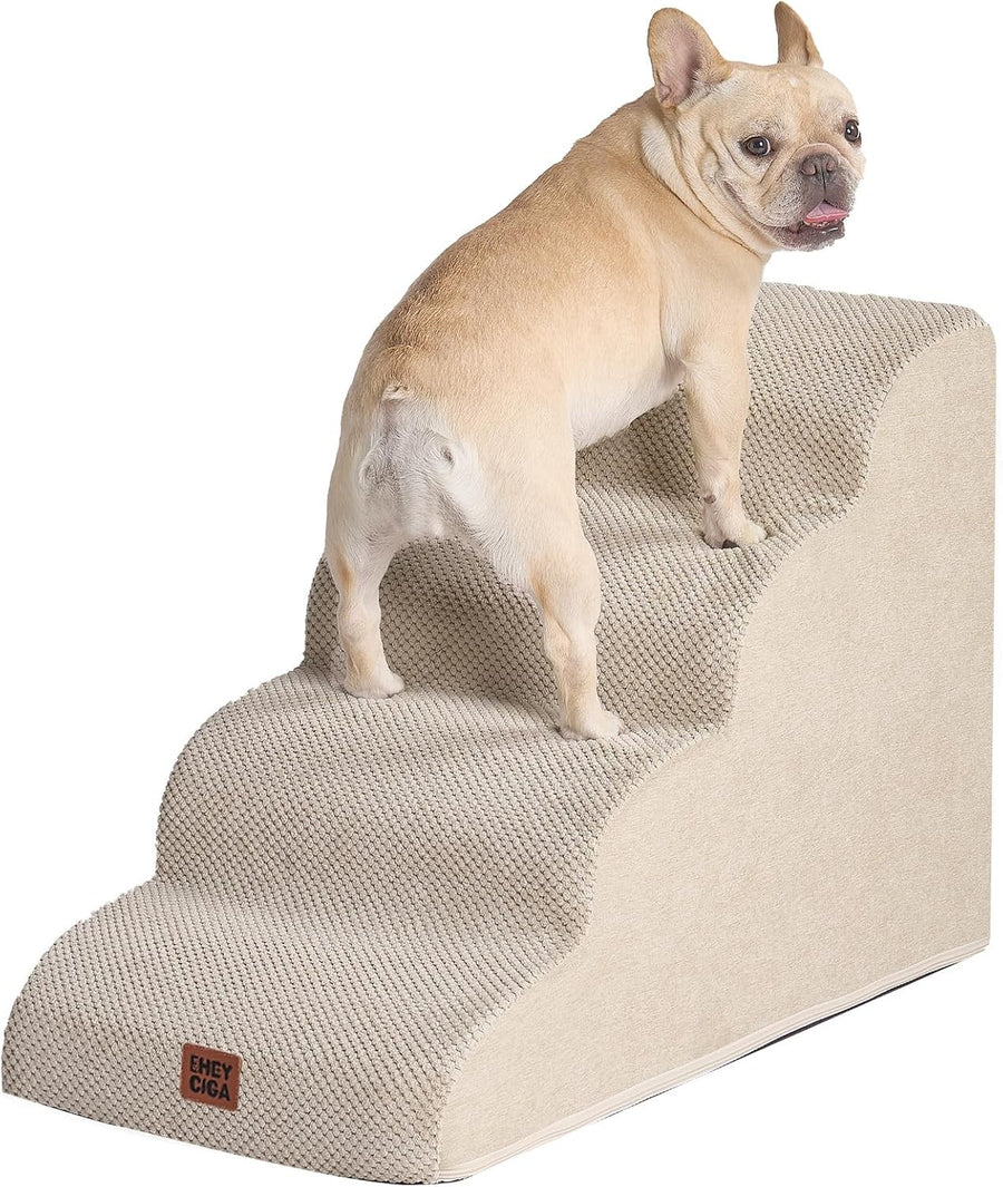 4 Step Dog Stairs for High Bed Non Slip Foam Pet Steps Washable Cream