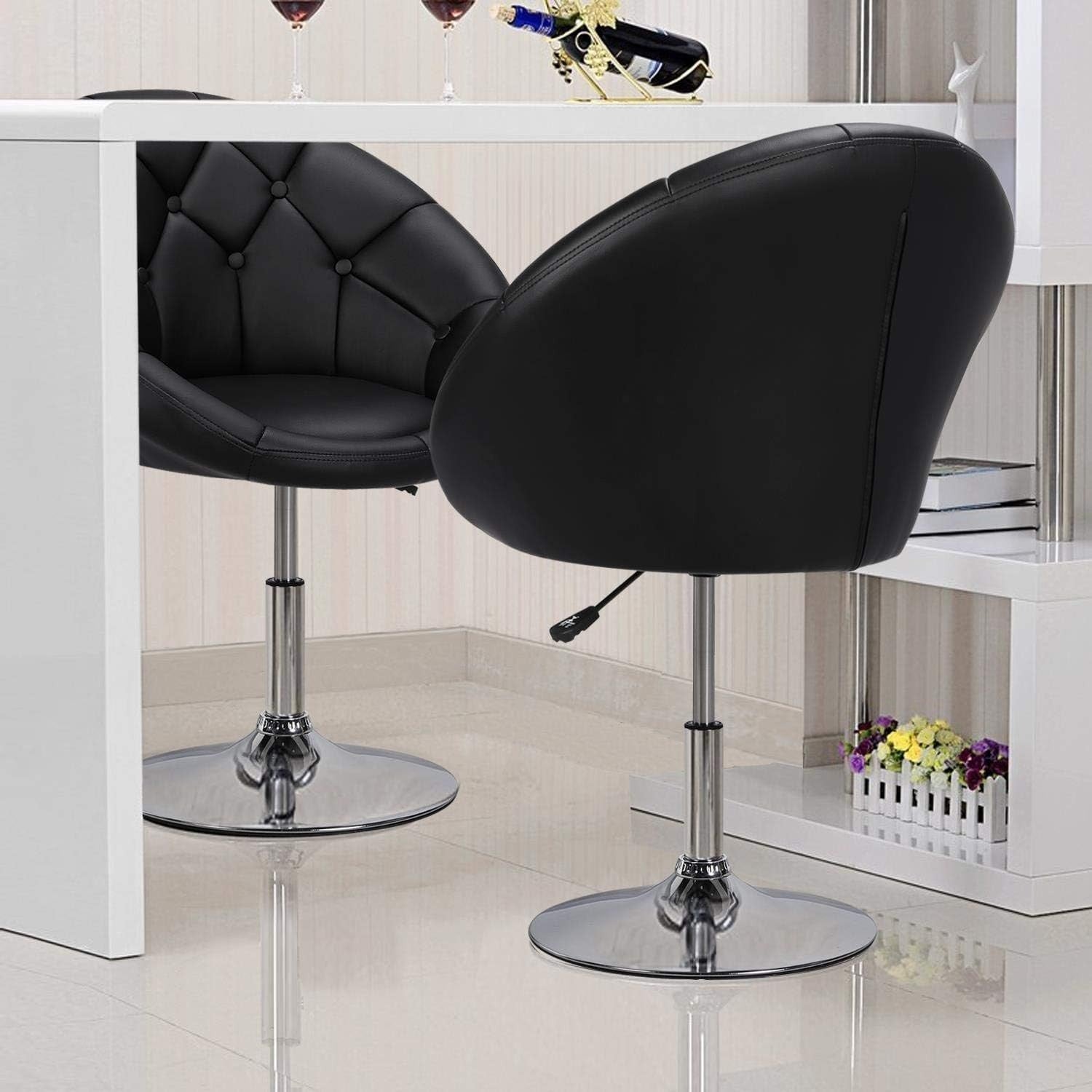 Black PU Leather Swivel Vanity Chair Adjustable Tufted Armchair for Makeup