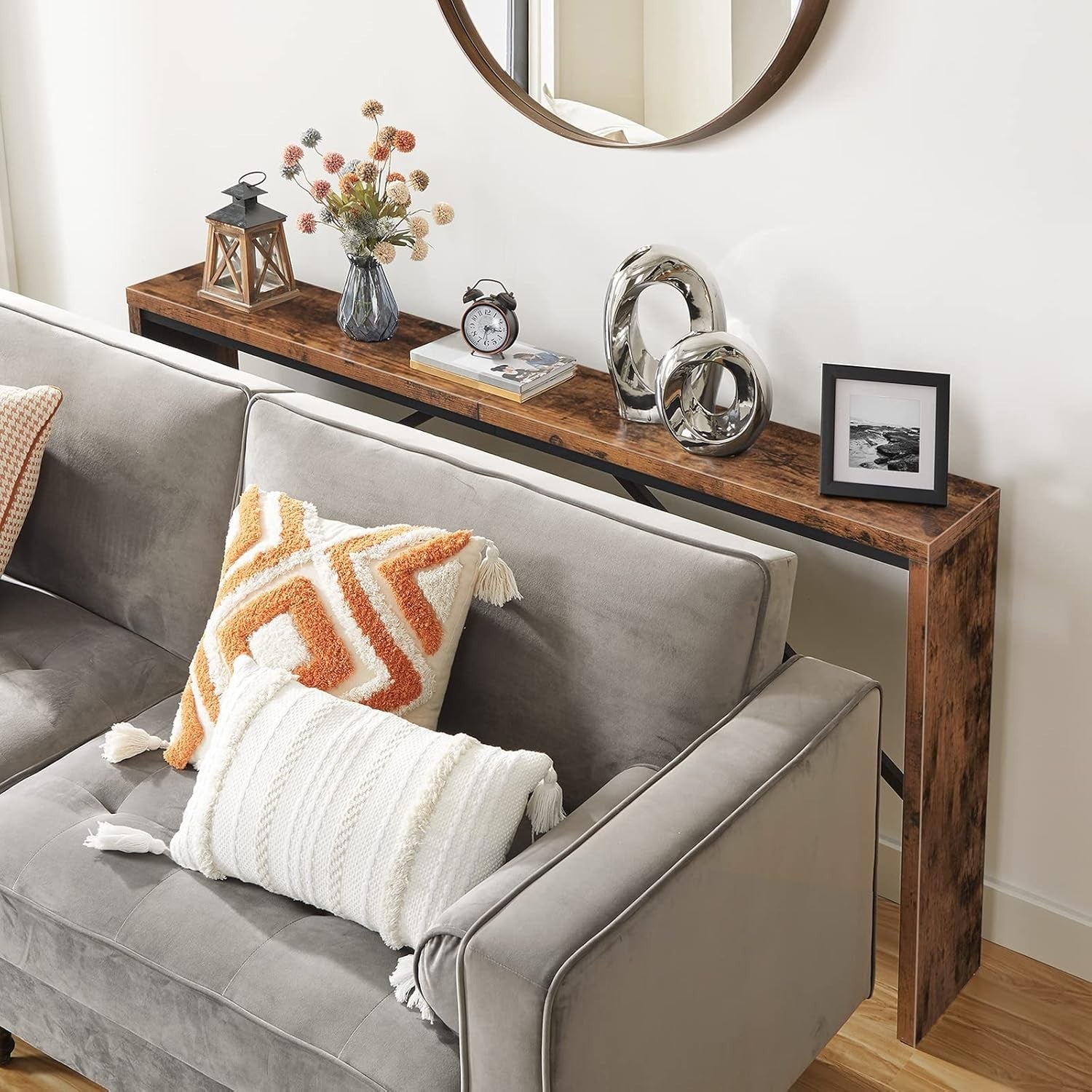 Rustic Brown Console Table, 62.2" Long, Industrial Metal Frame, Multi-Use