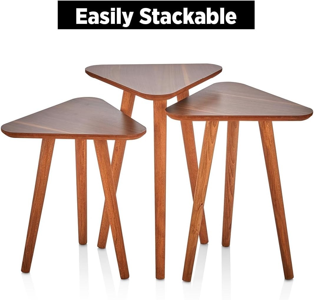 Brown Wood Nesting Coffee Table Set of 3 Side End Tables Living Room Furniture