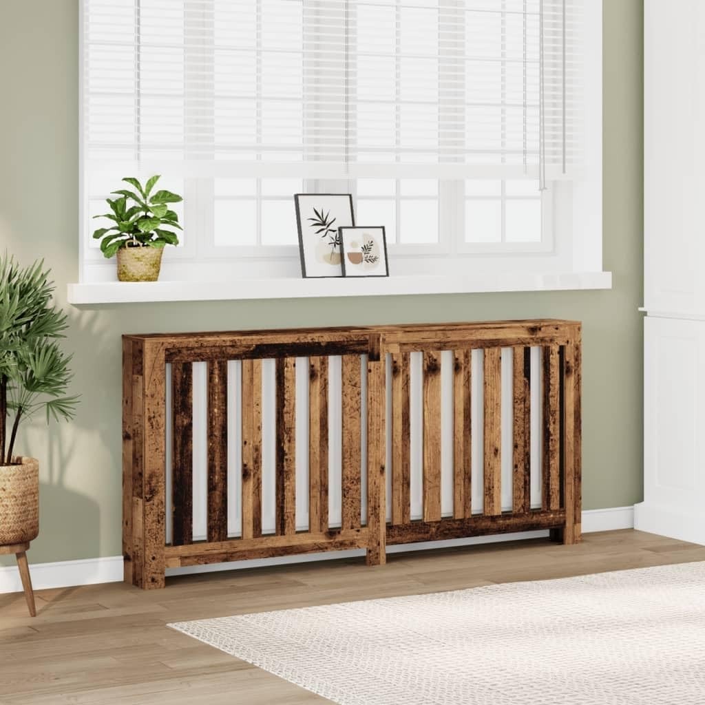 Rustic Old Oak Radiator Cover with Shelf 175x20x82cm | Modern Slatted Cabinet