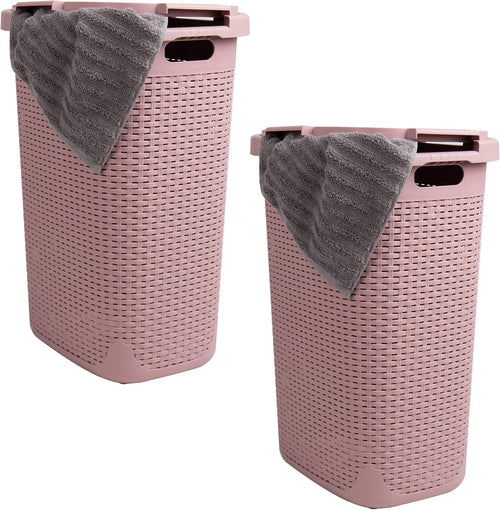 Set of 2 Slim Pink Laundry Hampers 60L with Lid Ventilated & Handles