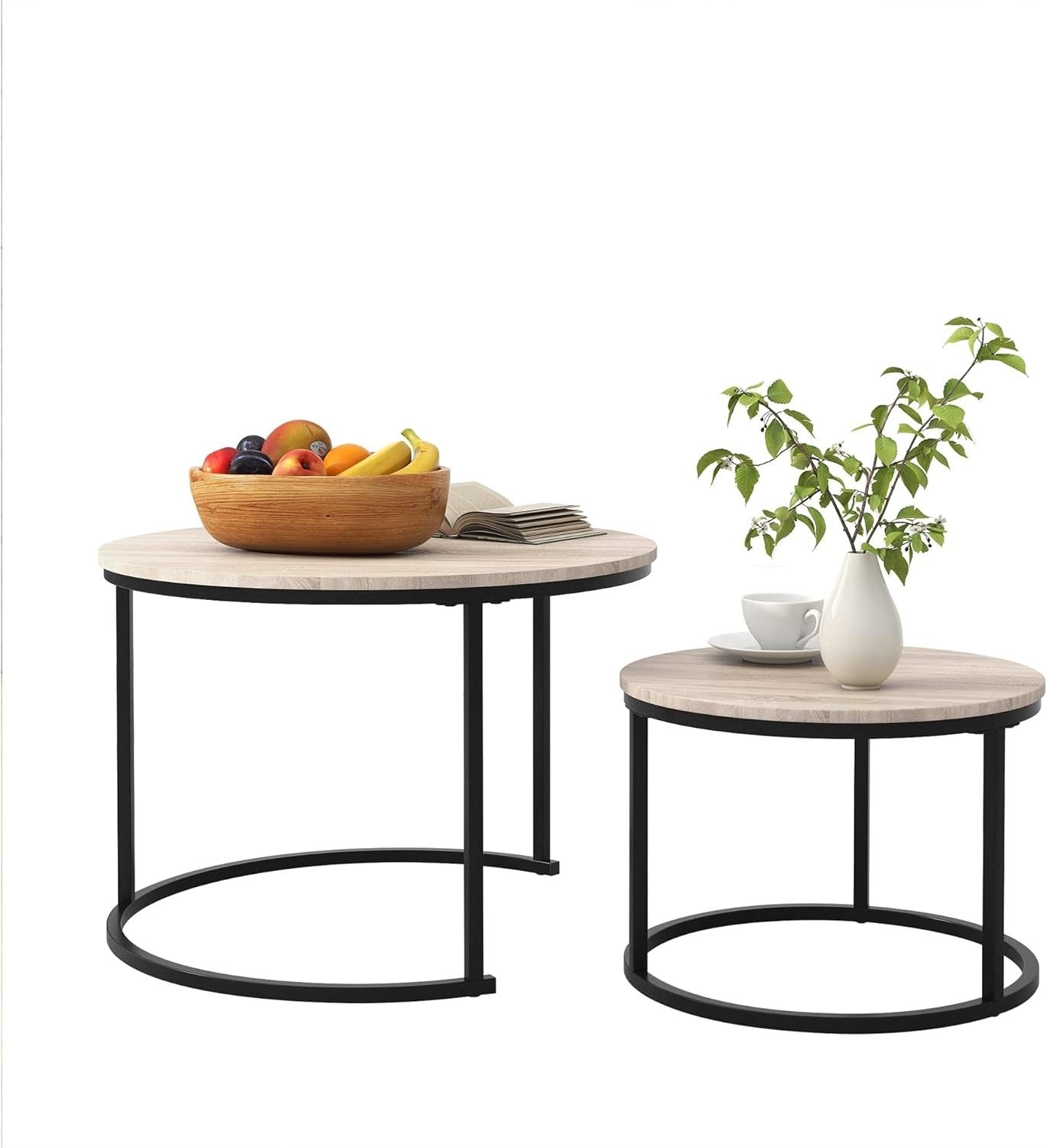 Round Nesting Coffee Tables Set for Living Room Modern Black/Oak Wood End Side T
