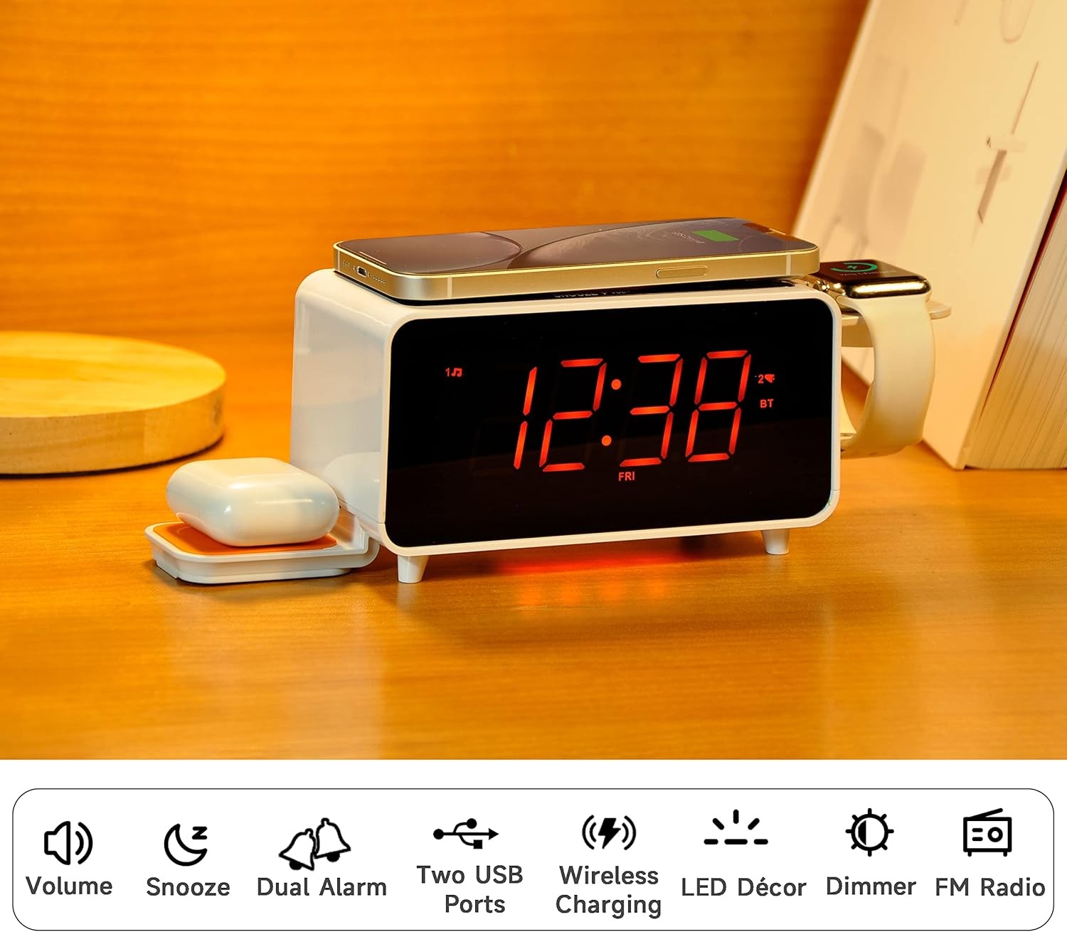 Wireless Charging Alarm Clock Radio Bluetooth Speaker USB Fast Charge LED