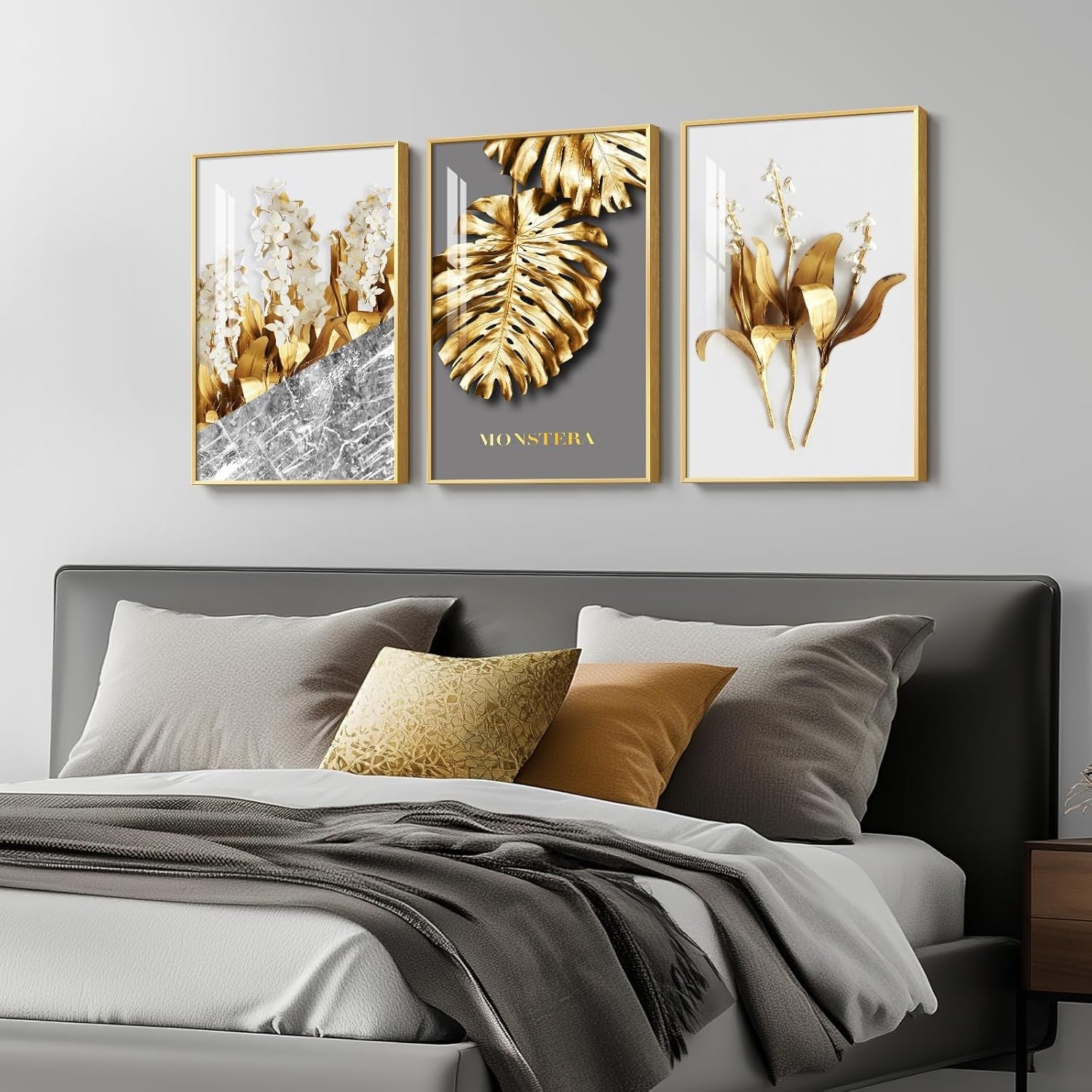 Luxury Gold Wall Art Set of 3 Framed 16x24 Modern Leaf