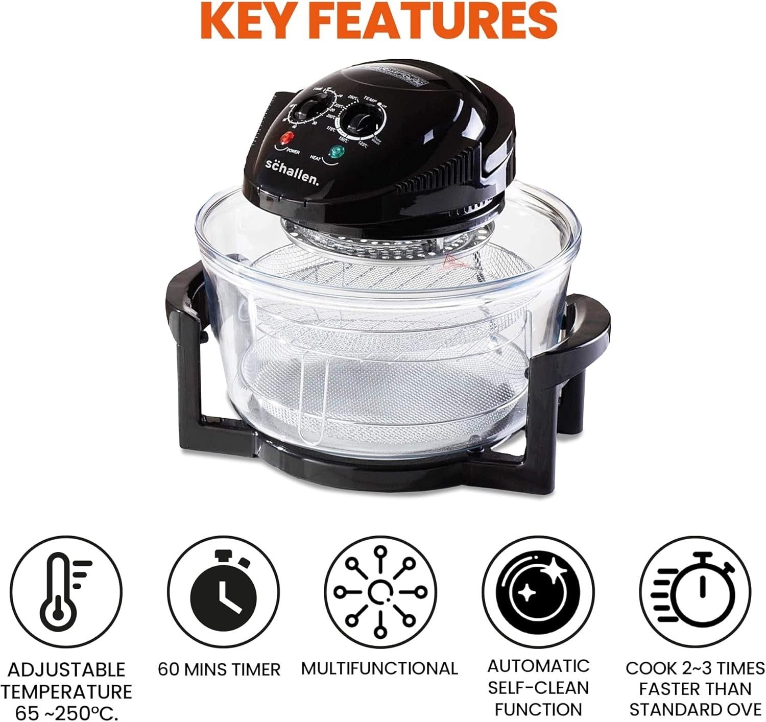 17L Halogen Air Fryer Oven Glass Bowl 1300W No Oil Accessories Self Clean