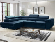 Blue Velour Corner Sofa Bed with Storage | Water-Resistant L Shape Sleeper